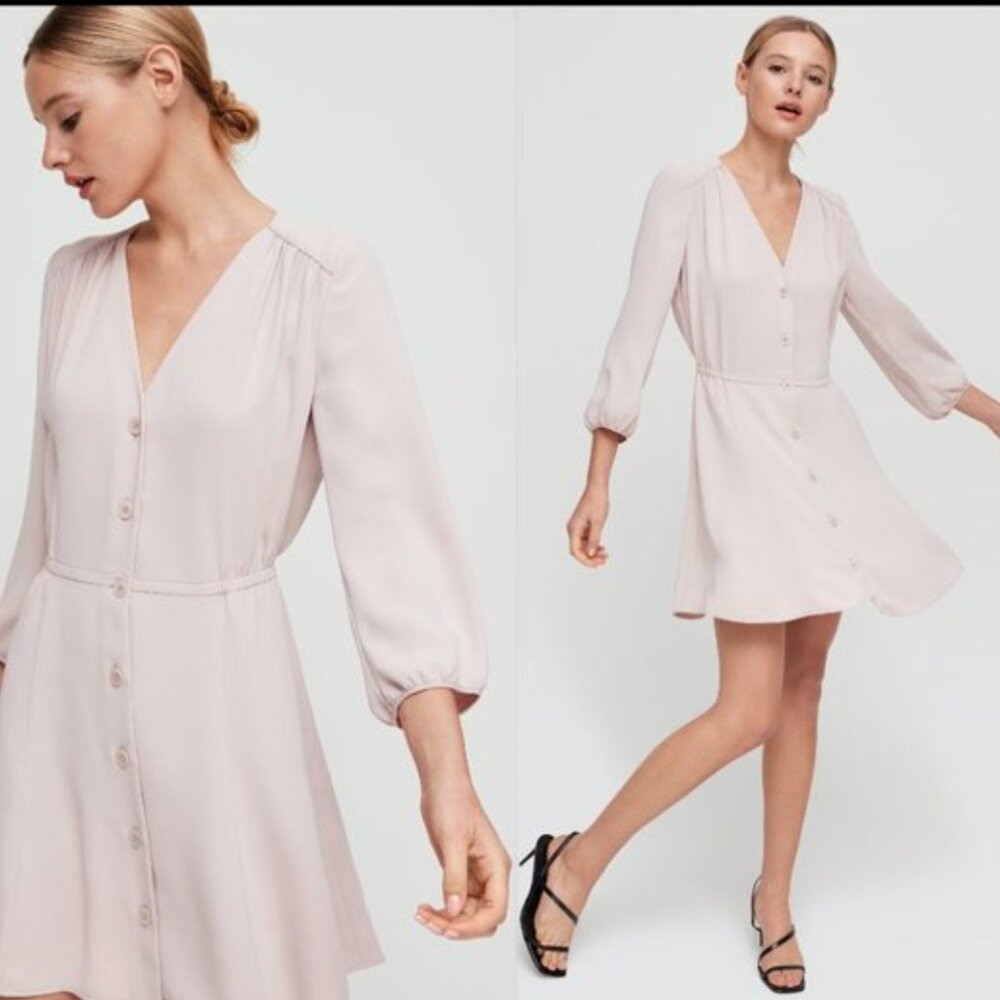 Aritzia Babaton Blush Pink Long Sleeve V-Neck Chiffon Button Mini Day Dress